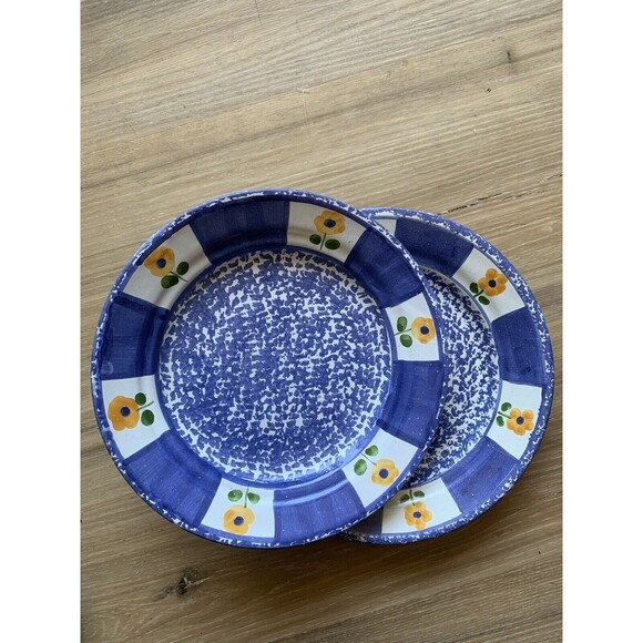 HIMARK Spongeware Salad Plates Blue White w/ Yellow Flowers Made in Portugal - Picture 3 of 5